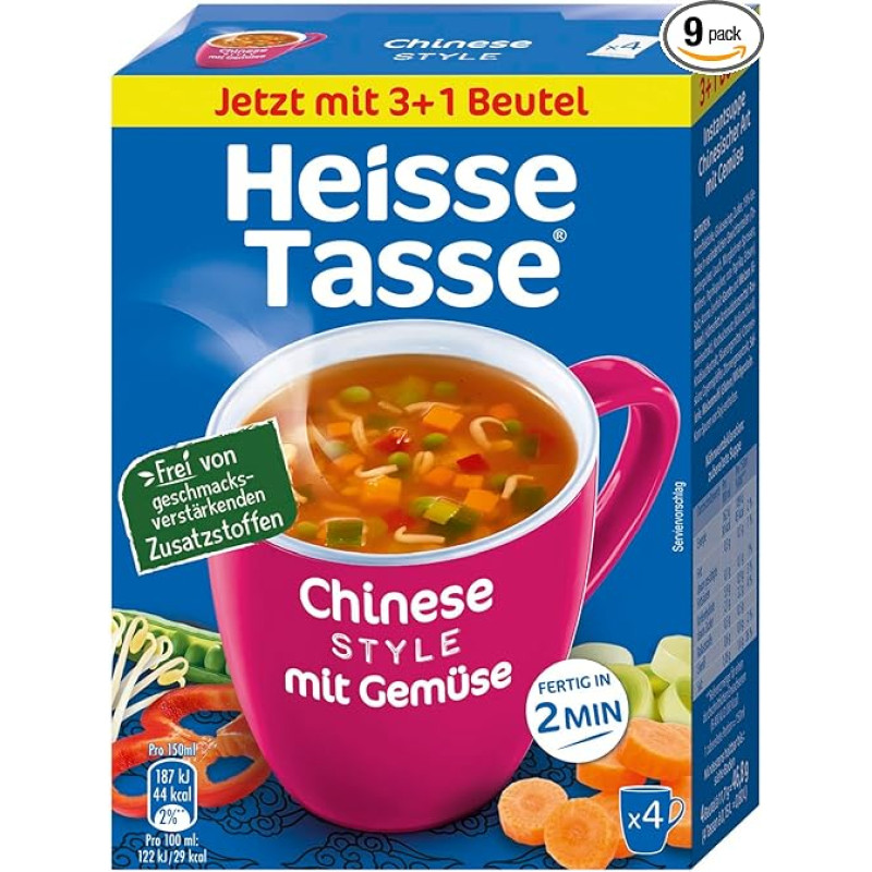 Karšta puodelis kiniškos daržovių sriubos 9 pakuotės (9 x 600 ml) - paruošta vos per 2 minutes - tereikia įpilti karšto vandens - puikus sriubos užkandis
