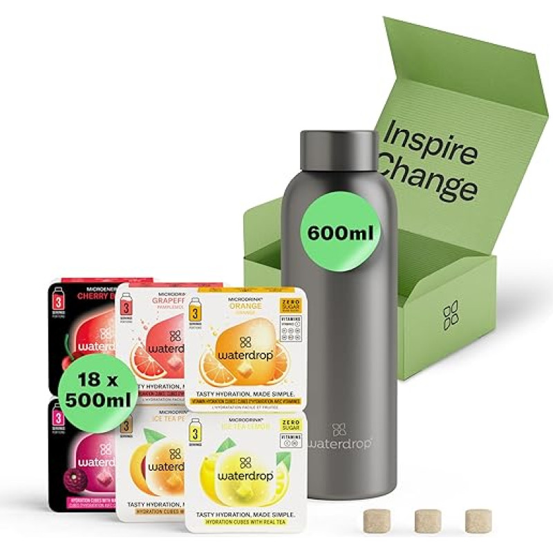 waterdrop® pradinis rinkinys - 600 ml gertuvė su skoniu ir 18 lašų be cukraus - dovana moterims - degustacinis paketas su vandens buteliu ir lašais - nerūdijančio plieno gertuvė, tinkanti