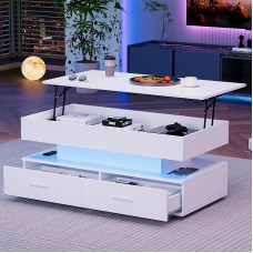 Hydraulic Height Adjustable Coffee Table with LED Lighting, Bluetooth App Control, 2 Drawers and Open Storage Space (White)