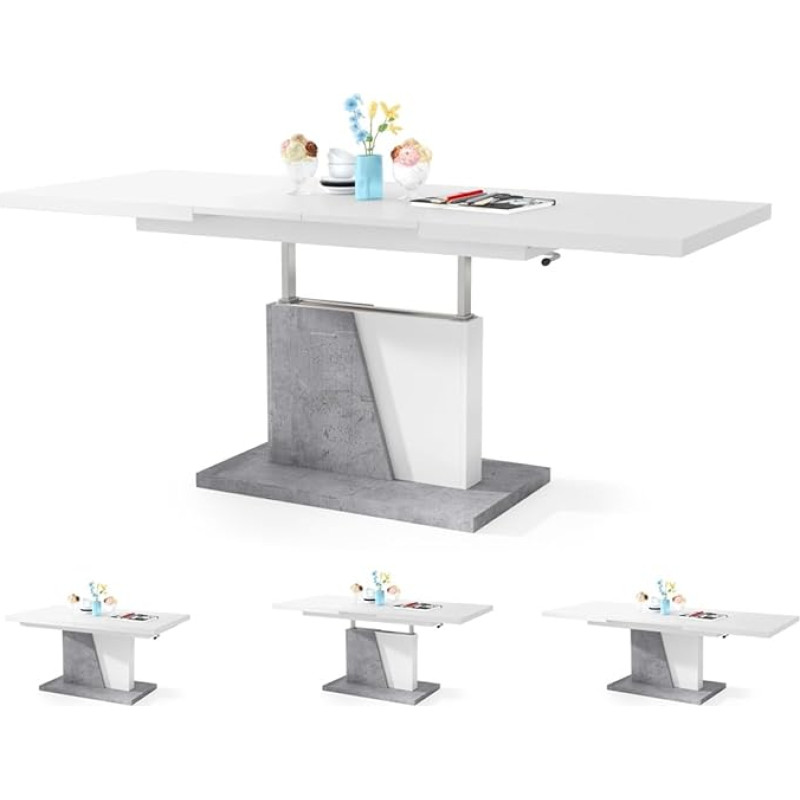 Didysis kavos staliukas 120 x 70 x 60-67 cm reguliuojamo aukščio sulankstomas (baltas + betonas)