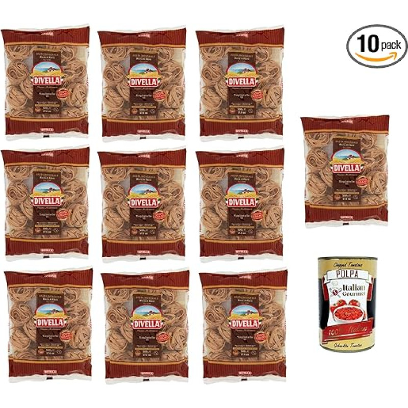 10x Pasta Divella Tagliatelle Integrale n. 91 Pilno grūdo itališki makaronai 500 g + Itališka gurmaniška Polpa 400 g