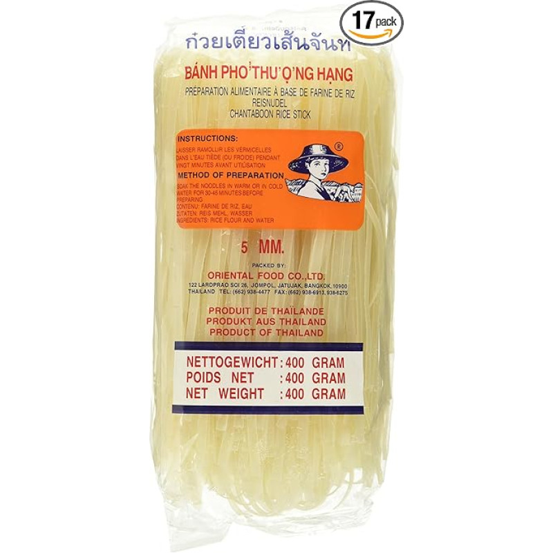 Farmer Rice Noodles - Thai 5mm Wide Rice Ribbon Noodles Made From Rice Flour - 17 x 400g