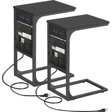 TUTOTAK TB01BK0242 C formos šoninis staliukas su įkrovimo stotele, šoninis staliukas su 2 USB lizdais ir kištukiniais lizdais, C formos užkandžių staliukas su medžiaginiu krepšeliu, 2 vnt.
