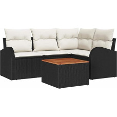 5-teiliges Garten-Sofaset mit Kissen Schwarzes Poly-Rattan Akazie, 2-Sitzer Garten-Sofa mit Stauraum & Kissen Schwarzes Poly-Rattan Gartenlounge Modelis3356241