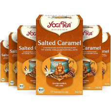 YOGI TEA Salted Caramel, ajurvedinis ekologiškas prieskonių arbatos mišinys su karobu, kakava, natūraliu karamelės aromatu ir druska, be kofeino, Yogi Tea Pack of 6, 6 x 17 maišelių (102 arbatos maišeliai)