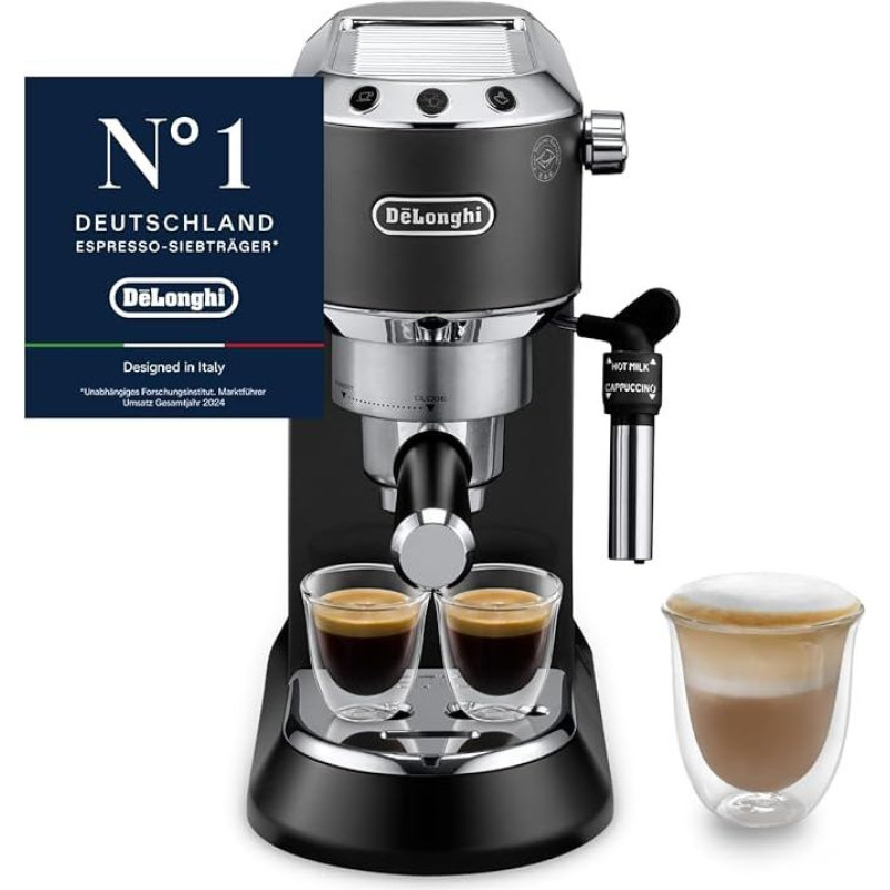 De'Longhi Dedica Style EC 685.BK Espresso filtro laikiklis Espresso aparatas su profesionaliu pieno putų antgaliu 15 cm pločio 1 litro talpos vandens rezervuaras Pilnas metalinis korpusas E.S.E. pagalvėlės Juoda