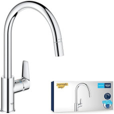 GROHE StartEdge 30550000 virtuvės čiaupas (virtuvės čiaupas su ištraukiamu dušu, 360° pasukimo diapazonas, vandens taupymas dėl kintamo kiekio ribos, montavimas į kriauklę be įrankių), chromas