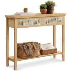 VASAGLE Konsolinis staliukas, prieškambario staliukas, prieškambario baldai, siauras sofos staliukas svetainei, su 2 stalčiais, atvira lentyna, suapvalintais kampais, boho stiliaus, ąžuolo smėlio spalvos LNT016Y57