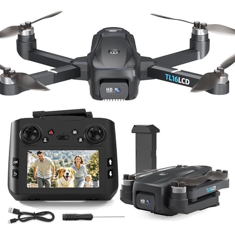 TL16LCD dronas su 4K kamera, FPV dronas su LCD nuotolinio valdymo pulteliu pradedantiesiems Automatinis grįžimas Sekite mane 5G realaus laiko perdavimo GPS dronai RC sulankstomas dronas suaugusiesiems