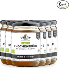 Grizzly Foods - Ekologiškas jautienos kaulų sultinys (6 x 500 ml) - 34 g kolageno stiklinėje - virta 72 valandas - 100% natūralus - be cukraus ir priedų - vertingos maistinės medžiagos - kaulų sultinys - kaulų sultinys