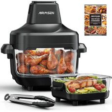 AIRMSEN stiklinė karšto oro keptuvė 1500 W, 4,5 l + 1,2 l dvigubas indas su dangčiu, netoksiška 60-230 °C ir 4 iš anksto nustatytos funkcijos, nuimama oro keptuvės galvutė, galima naudoti mikrobangų krosnelėje ir plauti indaplovėje