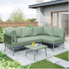 Ball & Cast Outdoor Lounge 3er Set, Garten Lounge Set mit Sitz- und Rückenkissen, Verstellbare Beine, L-förmiges Loungemöbel für Terrasse & Garten, Grün