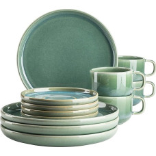 MÄSER Elina Uno serija, modernus kavos indų rinkinys su netaisyklingo efekto glazūra 4 asmenims, su desertinėmis lėkštutėmis, kavos puodeliais ir lėkštutėmis, 12 dalių kavos servizas, akmens masės indai, paplūdimys