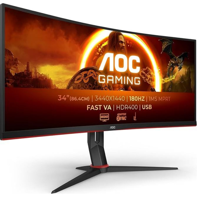 AOC CU34G2XPD/BK 34 colių lenktas, UW-QHD USB koncentratoriaus žaidimų monitorius, 180 Hz, greitas VA skydelis, 1 ms MPRT, 
