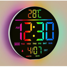 Digital Wall Clock, 25 cm/10 Inch LED Screen, 12 RGB Colours, Auto Brightness, Temperature, Date and Weekday, Night Light, Silent, Modern Electric LED Wall Clock Digital for Living Room