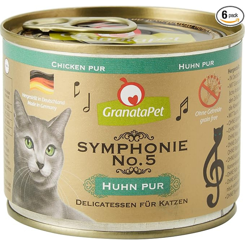 GranataPet Symphony No. 5 Chicken PUR, 6 x 200 g, kačių ėdalas be grūdų ir pridėtinio cukraus, filė natūralioje želė, švelnus drėgnas ėdalas katėms
