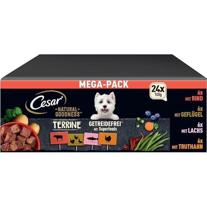 CESAR® NATURAL GOODNESS™ Schale Multipack Mega-Pack Terrine Getreidefrei mit Superfoods 4 Varietäten 24 x 100g