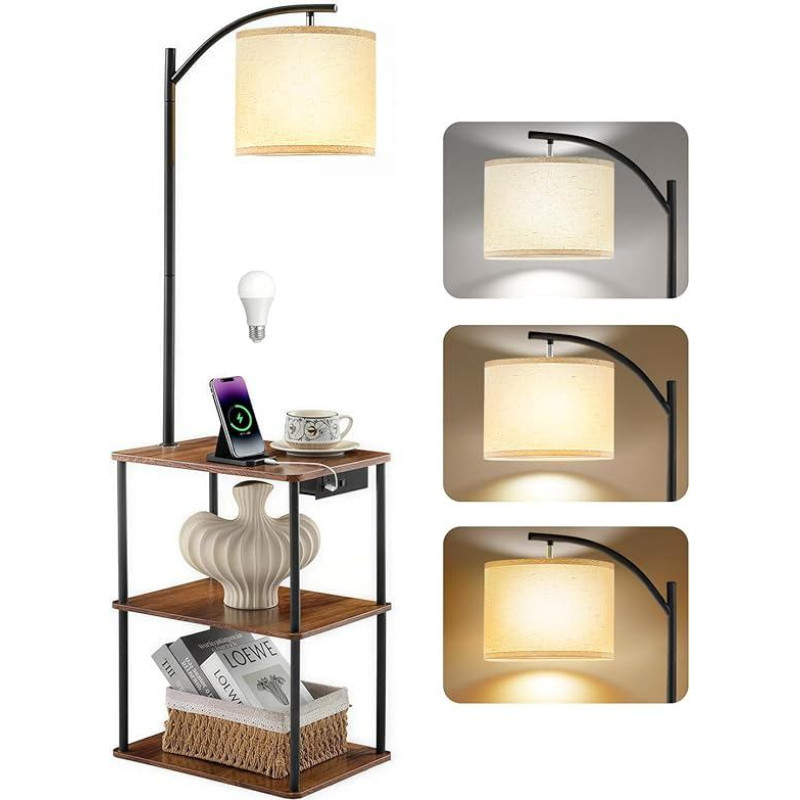 Grindų lempa su staliuku ir lentynomis, LED grindų lempa su USB-A ir C tipo įkrovimo prievadais, 3 spalvų temperatūros, 9 W lemputė, medžiaginis gaubtas, skirta svetainei, miegamajam