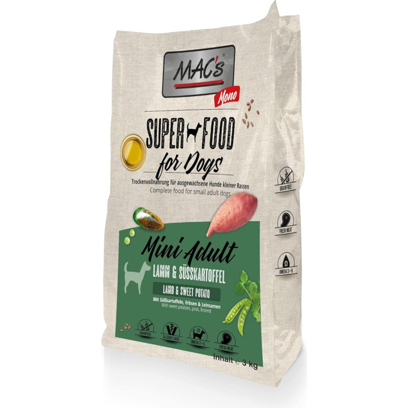 Mac's Dog Dog Dog Food Mono Mini Lamb Dry Food 3 kg Be glitimo Be grūdų