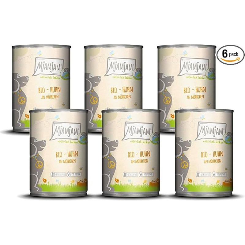 MjAMjAM Premium drėgnas ėdalas šunims - natūraliai skanus - ekologiška vištiena su morkomis, 6 vnt. (6 x 400 g), be grūdų, su papildoma mėsa