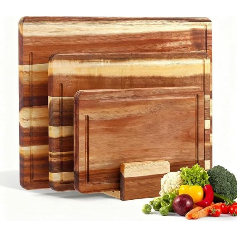 Wooden Chopping Board, Set of 3 Made of Robust Acacia, Wooden Chopping Board, Wooden Cutting Board Set, Durable, Wooden Chopping Board Set for Kitchen, for Meat, Vegetables, Fruit, Bread or as a