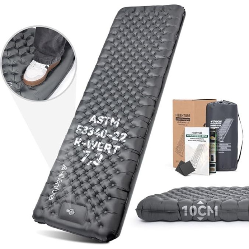 HIKENTURE Camping Sleeping Mat R Value 7.3 su kojine pompa, 10 cm itin storas miego kilimėlis 210 x 64 cm, šiltas miego kilimėlis, oro čiužinys, mažos pakuotės dydis, 4 sezonų lauko, žygių, palapinės