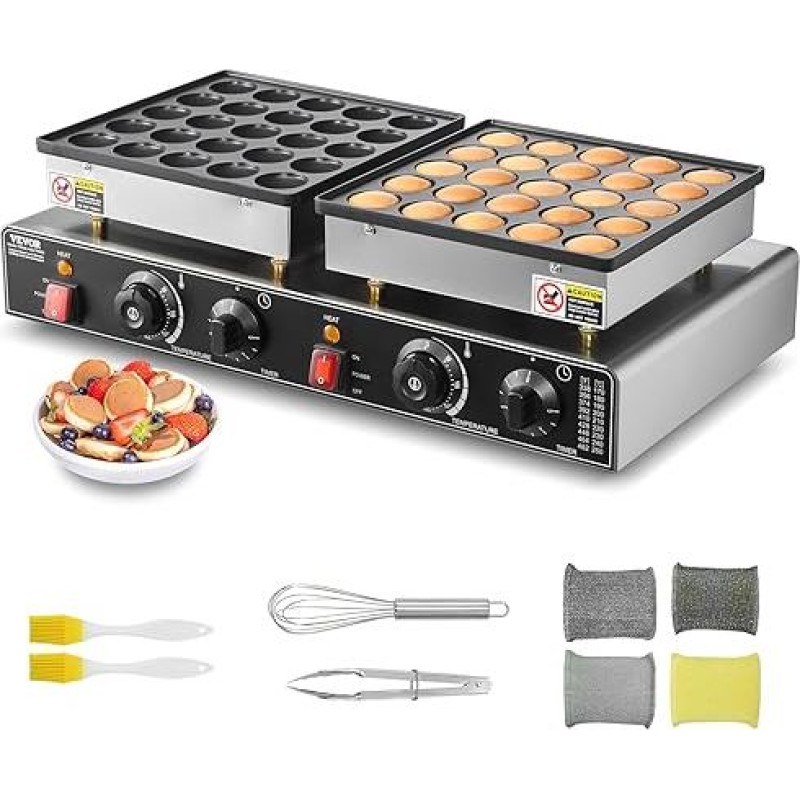 VEVOR 50 vnt. mini blynų keptuvė Dorayaki Baker, nesvylanti nerūdijančio plieno 1800 W komercinė elektrinė keptuvė Poffertjes Grill Pan Dviguba temperatūros ir laiko kontrolė restoranui