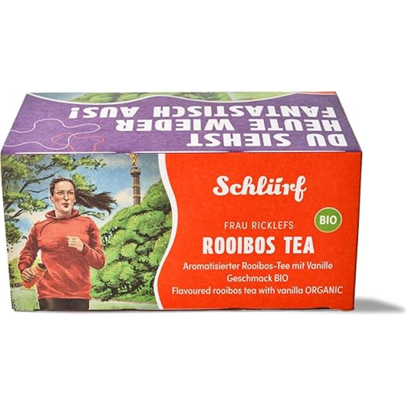 Schlürf, Büdel Frau Ricklefs Rooibos, ekologiška raudonųjų krūmų arbata su vanile ir karamele, 40 g (20 x 2g)