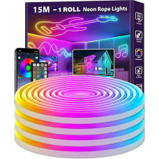 15 m neoninė LED juosta, lanksti neoninė LED juosta, IP65 žaidimų RGB LED juostos žibintai, valdymas programėle / nuotolinio valdymo pulteliu, keli režimai, muzikos sinchronizavimas, žaidimų žaidimų patalpų dekoras