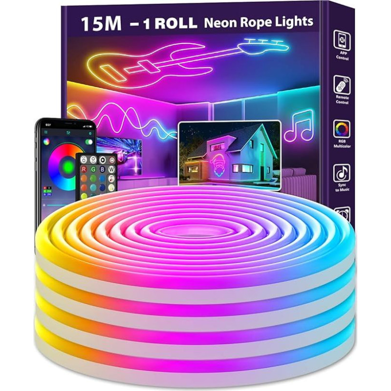 15 m neoninė LED juosta, lanksti neoninė LED juosta, IP65 žaidimų RGB LED juostos žibintai, valdymas programėle / nuotolinio valdymo pulteliu, keli režimai, muzikos sinchronizavimas, žaidimų žaidimų patalpų dekoras