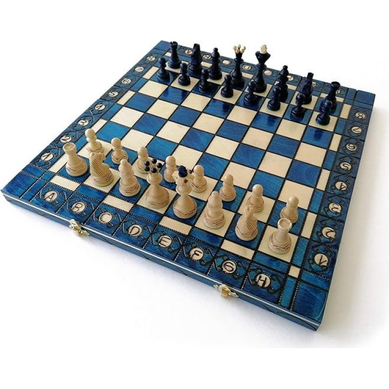Senator Chessboard Size XL - šachmatų lenta, 40 x 40 cm dydžio, rankų darbo, iš tikro medžio, ekologiškai nudažyta, pasvertos figūros, kelioninis žaidimas, prekės ženklas Le Délirant® (mėlyna)