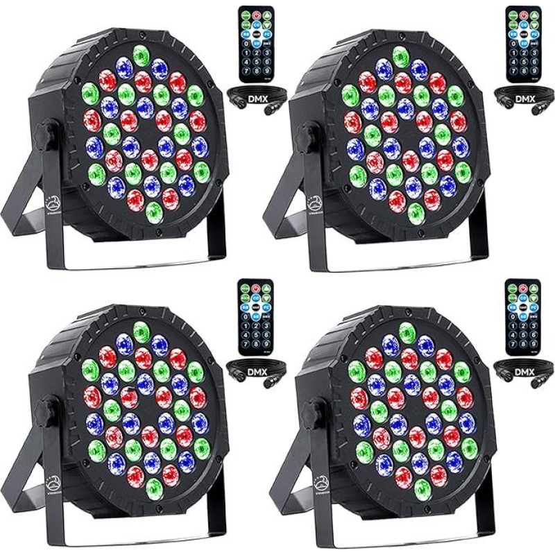4 LED Par prožektorių pakuotė, 36 LED RGB scenos šviesos, DMX512 ir nuotolinio valdymo pultas, 7 šviesos režimai su garso įjungimu, diskotekų šviesos, vakarėlių šviesos DJ barams, vestuvėms, Helovinui, Kalėdoms