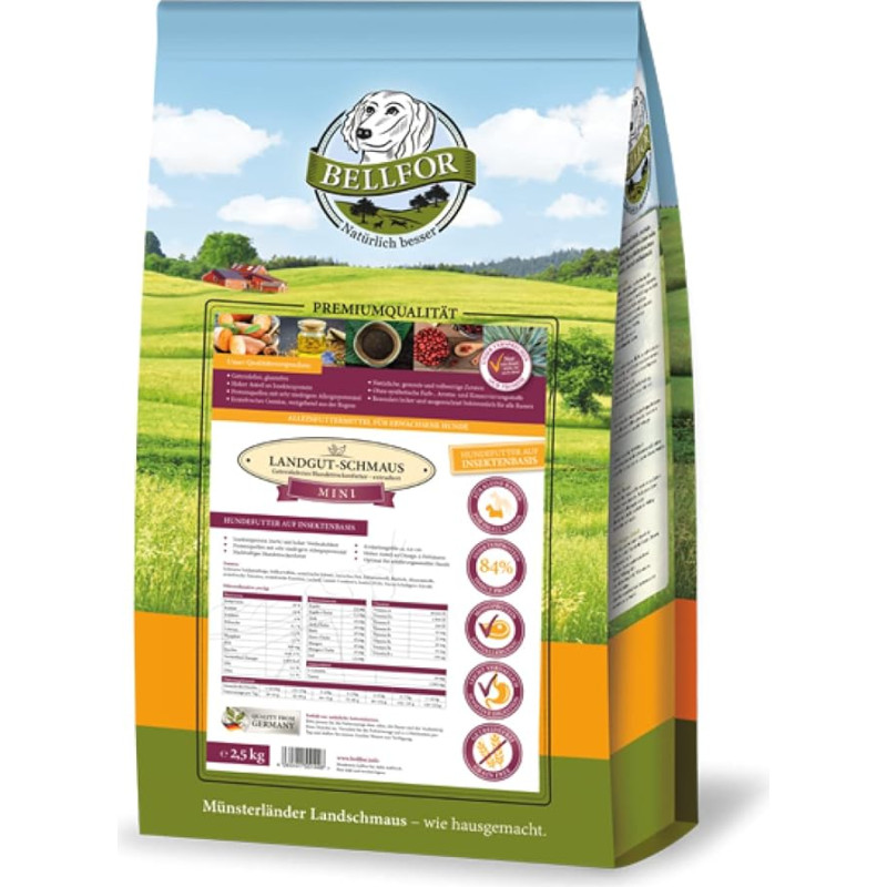 Bellfor Landgut-Schmaus Mini Hypoallergenic Dry Food Grain-Free with Insect Protein 1.2 kg - for Small Breeds, with Fast Metabolism and Special Energy Requirements
