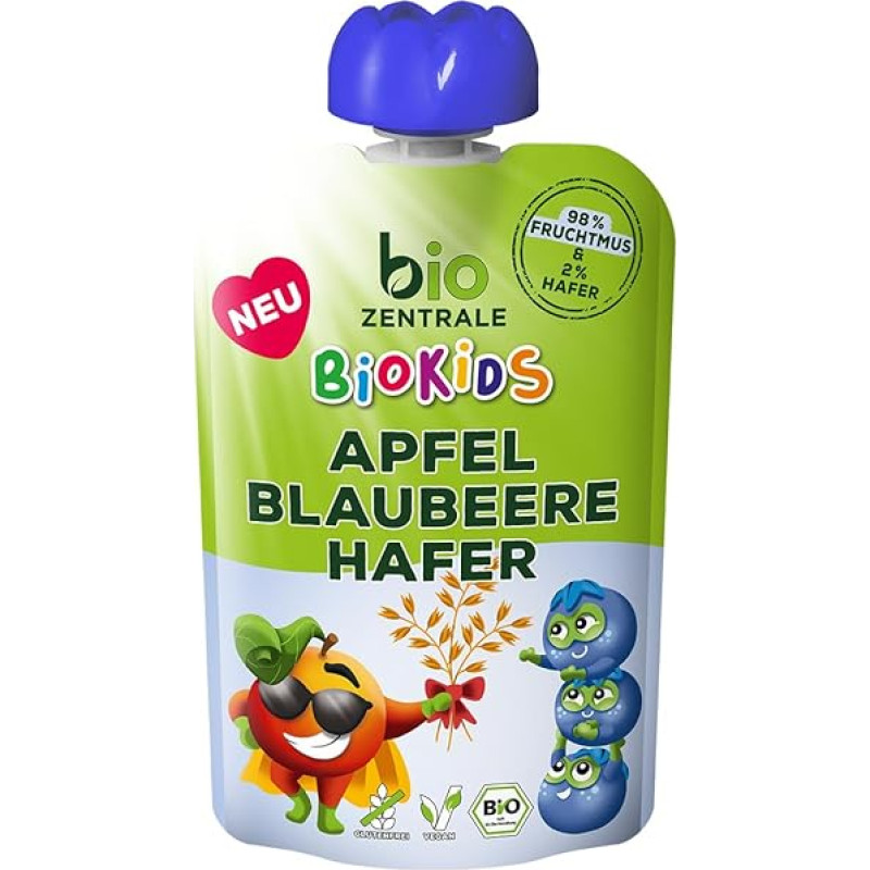 biozentrale BioKids Squeezies Apple Banana Blueberry Oats | 12 x 90 g | Veganiški vaisių ir avižų užkandžiai | Vaisių tyrelė be kristalinio cukraus priedų
