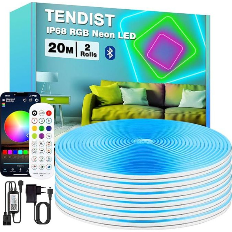 20M RGB neoninių LED juostų šviesos, IP68 LED Streifen Aussenbereich Schlauch mit Bluetooth und Smart App, lauko neoninės šviesos lankstus muzikos sinchronizavimas sodui, balkonui, terasai (2 * 10M)