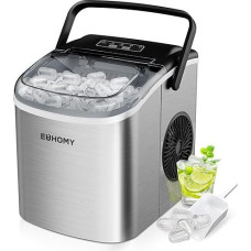 EUHOMY Ice Cube Maker 12 kg/24 h, 9 Cubes in 6 Minutes, Self-Cleaning with Handle, Shovel, Basket, Stainless Steel, 45 dB, Silver