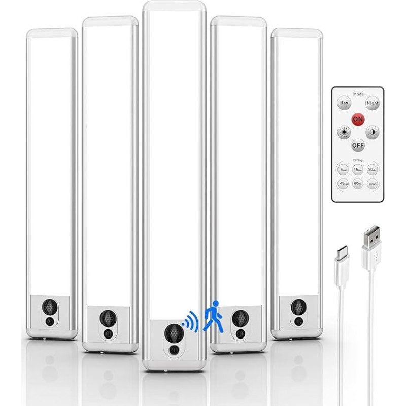 EZVALO LED spintelės apšvietimas, 23 cm, su nuotolinio valdymo pulteliu ir judesio jutikliu, apšvietimas po spintelėmis, 5700 K, nuotolinis pritemdymas, 1100 mAh, apšvietimas po spintelėmis, belaidė šviesos juosta, USB, virtuvė (5 vnt.)