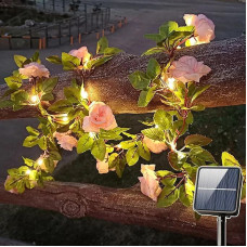 Saulės rožių vynmedžių styginių žibintai, lauko dekoratyviniai dirbtinių rožių gėlių gebenės girliandos žibintai, vandeniui atspari saulės pasakų šviesa, šampano rožių dekoras balkonui, terasai, tvorai, vestuvių šaliai (5 m)