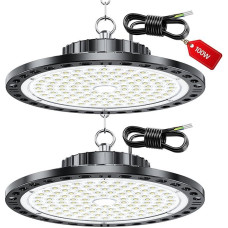 LED vidaus prožektoriai - 2 vnt. 100 W 10000 LM UFO vidaus apšvietimo LED su transformatoriumi, IP65 vandeniui atsparus dirbtuvių lubų šviestuvas, 6500 K UFO pramoninis šviestuvas, skirtas garažams, gamykloms, verslui
