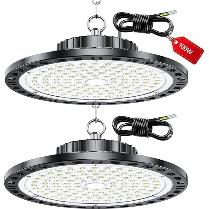 LED vidaus prožektoriai - 2 vnt. 100 W 10000 LM UFO vidaus apšvietimo LED su transformatoriumi, IP65 vandeniui atsparus dirbtuvių lubų šviestuvas, 6500 K UFO pramoninis šviestuvas, skirtas garažams, gamykloms, verslui