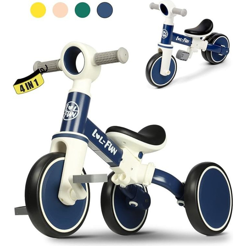 LOL-FUN balansinis dviratis triratukas nuo 1 metų, 4-in-1 vaikiškas triratukas su nuimamais pedalais, balansiniai dviratukai, bėgimo dviratis vaikams nuo 1 metų iki 3 metų berniukams mergaitėms