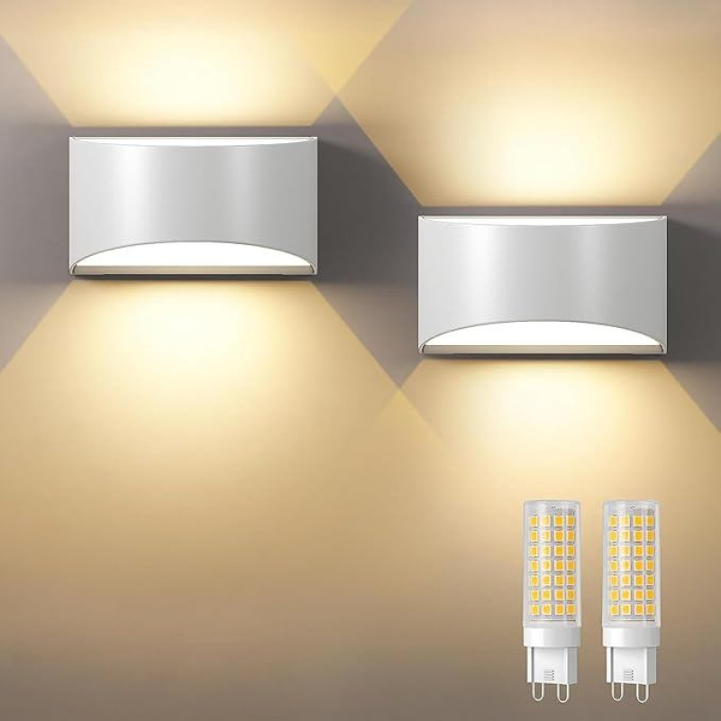 Sieninis šviestuvas su keičiama G9 LED lempa šiltai balta 3000 K, aliuminio LED sieninis šviestuvas, skirtas gyvenamajam kambariui ir lauko apšvietimui, IP65 vandeniui atsparus sieninis šviestuvas (2 vnt.), baltas
