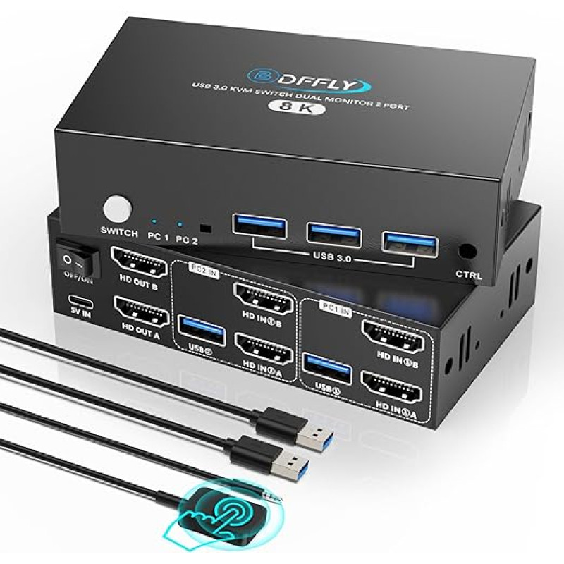 KVM jungiklis 2 monitoriams 2 PC 8K, HDMI USB 3.0 KVM jungiklis dviem monitoriams, palaiko 8K@60Hz, 4K@120Hz, skirtas 2 kompiuteriams, kurie dalijasi klaviatūra, pele ir monitoriumi