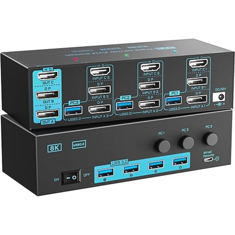 8K/4K KVM perjungiklis 3 kompiuteriai 3 monitoriai Trijų monitorių 3 prievadų 2 DisplayPort 1.4 ir HDMI 2.1 USB 3.0 KVM perjungikliai, DP 1.4 palaiko 8K@30Hz/4K@144Hz, HDMI palaiko 8K@60Hz /4K@120Hz su laidiniu nuotolinio valdymo pultu