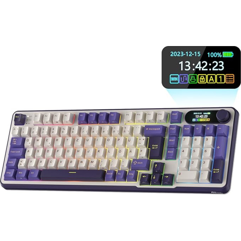 RK ROYAL KLUDGE S98 DE Mechaninė klaviatūra su išmaniuoju ekranu ir mygtukais, viršuje tvirtinama 96 % belaidė mechaninė klaviatūra BT/2.4G/USB-C, keičiama karštuoju būdu, programinės įrangos palaikymas, 98 klavišai, vokiška QWERTZ