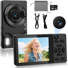 4K 64 MP skaitmeninis fotoaparatas su dviem kameromis priekinis ir galinis automatinio fokusavimo fotoaparatas Kompaktiškas vaizdo įrašymo fotoaparatas 2,8 colių ekranas, 18 kartų skaitmeninis priartinimas, 32G žemėlapis vaikams, paaugliams, pradedantiesi