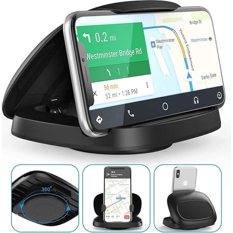 Mobiliojo telefono laikiklis automobilyje, 360° pasukamas mobiliojo telefono laikiklis automobilyje, automobilio prietaisų skydelio mobiliojo telefono laikiklis su lipniu pagrindu, automobilinis mobiliojo telefono laikiklis iPhone 17/16/15/14/13/Pro Max/X