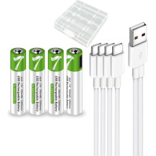 USB AAA ličio jonų įkraunama baterija, didelės talpos 1,5 V 550 mWh įkraunama AAA baterija, 1 H greitas įkrovimas, 1200 ciklų su C tipo prievado kabeliu, pastovus išėjimas, 4 vnt.