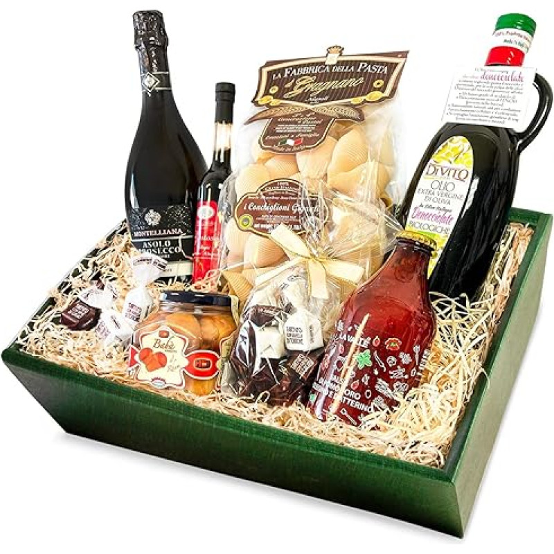 Delikatesų dovanų krepšelis IL MEGLIO D'ITALIA su rinktiniais itališkais patiekalais Prosecco / alyvuogių aliejus / makaronai / desertas