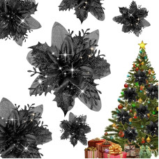 20pcs Glitter Christmas Flowers with Artificial Poinsettia Artificial Christmas Flowers, Christmas Tree Flower Decorations, Christmas Tree Decorations, Wedding Decorations, Black, 15cm